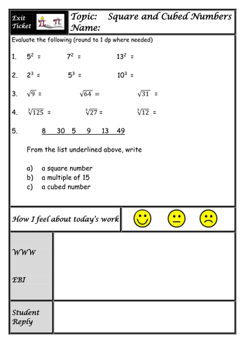 Square Roots and Cube Roots Lesson visual approach with Worksheets and