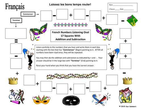 French Numbers and Math Listening Activity Mardi Gras Theme