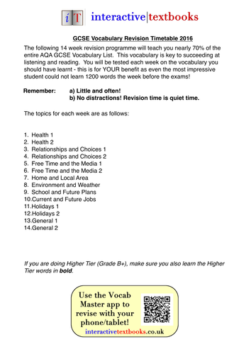2016 AQA GCSE French Vocabulary Revision Timetable