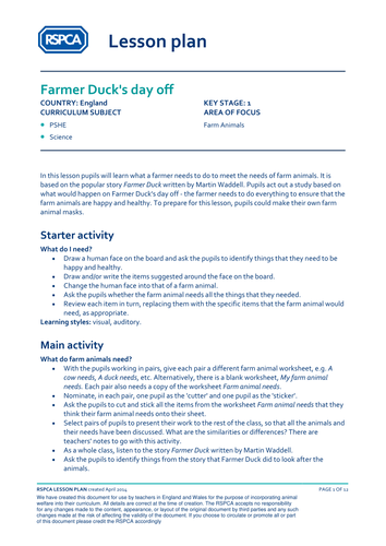 Lesson Plan - Farm Animals - Farmer Duck's day off
