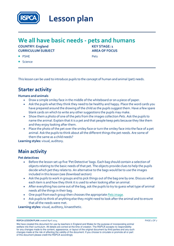 Lesson Plan - Pets - We all have basic needs