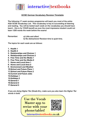 2016 AQA GCSE German Vocabulary Revision Timetable