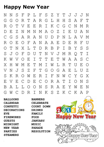Happy New Year 2016 Word Search and Color