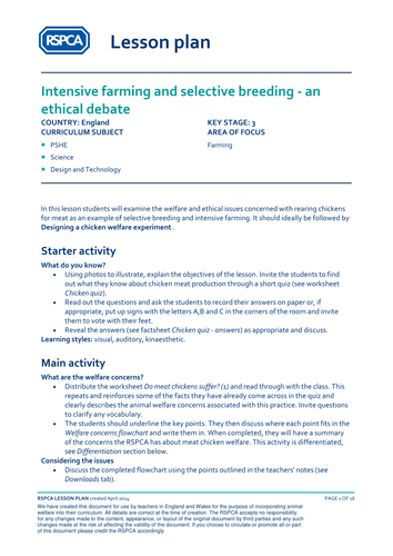 Lesson Plan - Farming - Intensive farming, selecting breeding - ethics