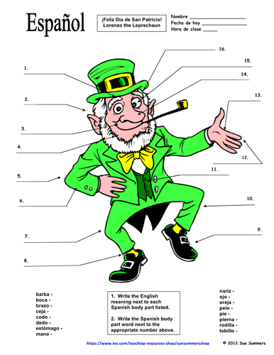 Spanish St. Patrick's Day Label the Leprechaun Body Parts