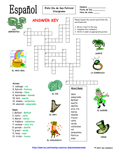 Spanish St Patrick S Day Crossword Puzzle And Vocabulary Ids Teaching Resources