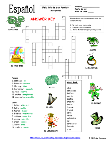 Spanish St. Patrick's Day Crossword Puzzle and Vocabulary IDs