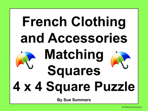French Clothing and Accessories 4 x 4 Matching Squares Puzzle