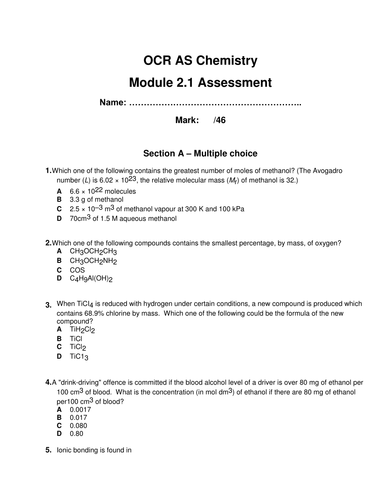 New OCR AS Chemistry assessment Module 2.1