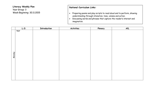 Performance Poetry planning and self assessment grid