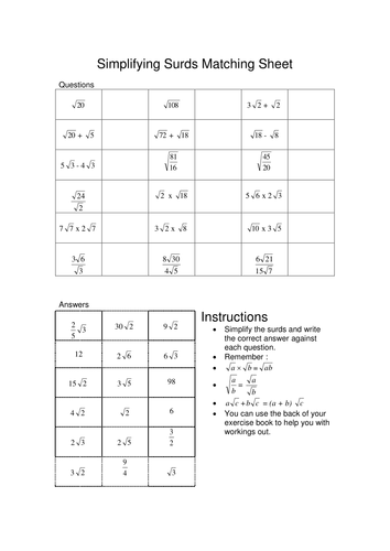 Surds Matching Activity for GCSE Mathematics