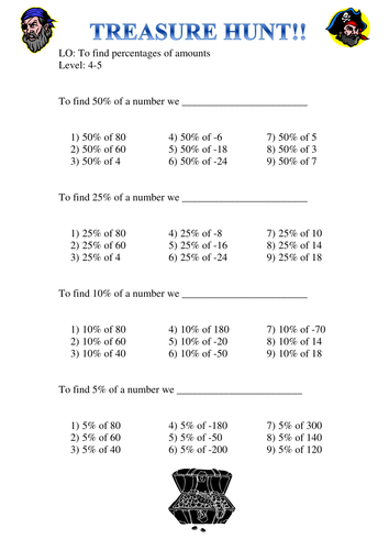 Basic Percentages Treasure Hunt Style Worksheet