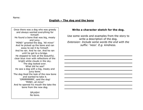 Dog and Bone fable writing worksheet