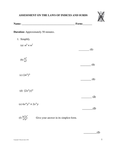 ASSESSMENT ON THE LAWS OF INDICES AND SURDS KS4 (GCSE)