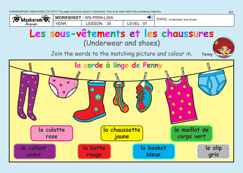 FRENCH – MY HOME- MY HOLIDAYS - Y3-Y4:  Underwear and shoes / Les sous-vêtements et les chaussures
