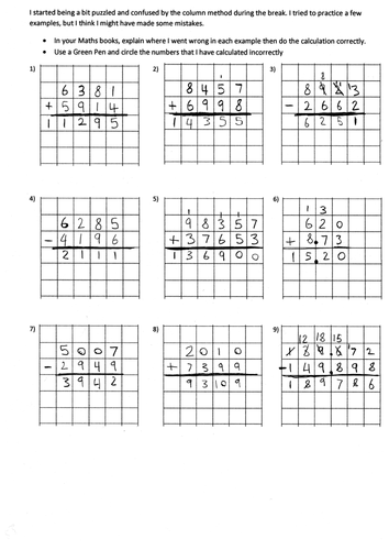 KS2 Addition and subtraction - deliberately made mistakes worksheet