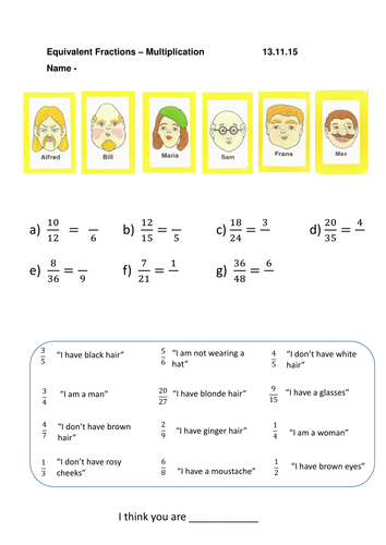 Guess Who Equivalent And Simplifying Fractions Worksheets Teaching Resources