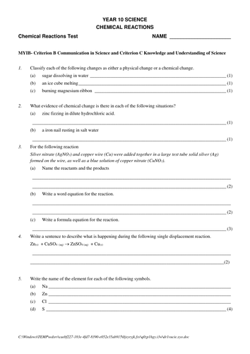 Chemical Reactions Test and Assignment