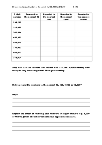 rounding 6 digit numbers worksheet differentiated 3 ways teaching resources