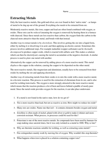 Extracting Metals worksheet (DART)