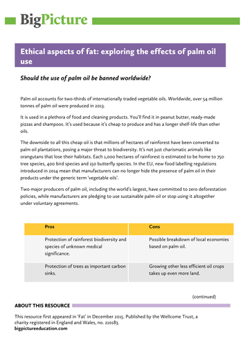 Article and ethical debate questions: Should we ban the use of palm oil worldwide? 16+ biology