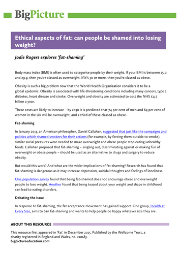 Article and ethical debate questions: Can people be shamed into losing weight? KS5 biology