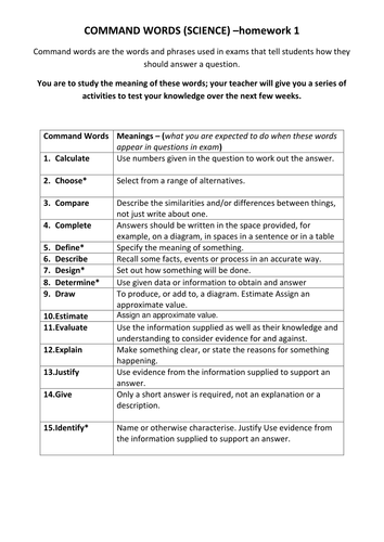 SCIENCE COMMAND WORDS ACTIVITIES FOR NEW GCSE 