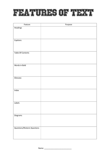 Features Of Text Worksheet | Teaching Resources