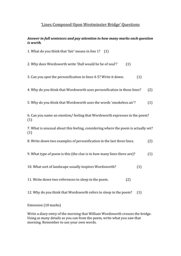 'Lines Composed Upon Westminster Bridge' topic questions 