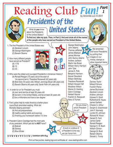 Presidents of the United States Quiz and Word Search Puzzle