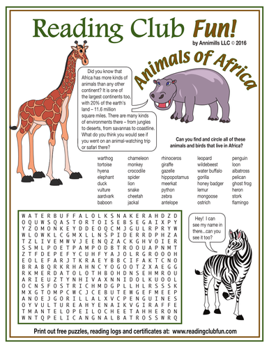African Birds and Animals Word Search Puzzle