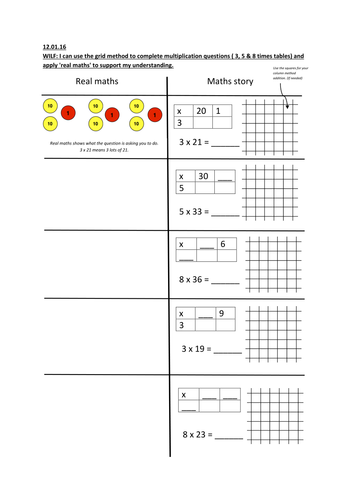 Grid method multiplication (using concrete - pictorial - abstract) 
