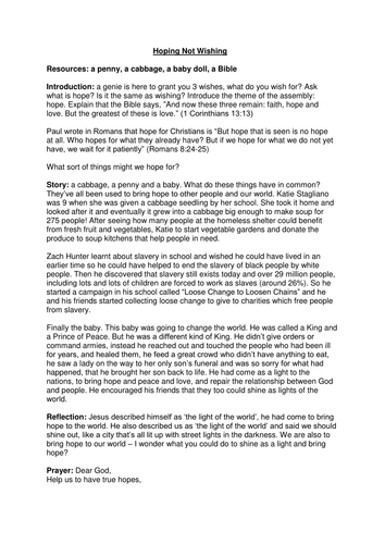 Hoping Not Wishing Collective Worship Plan (Primary)