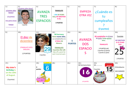 SPANISH BOARD GAME, AGES, DATES, BROTHERS/SISTERS , great for speaking practice