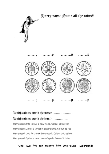 ks1 maths numeracy harry potter number and money ppt worksheets lesson