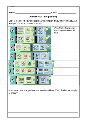 Kodu Homework Sheets KS3 Computer Science Y7