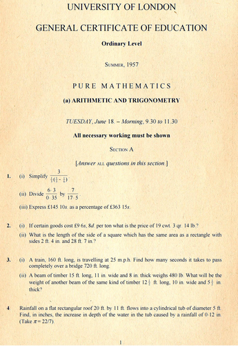 Old 1957 O Level Maths Papers 