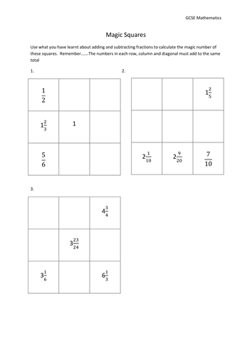 Adding Fractions Magic Squares