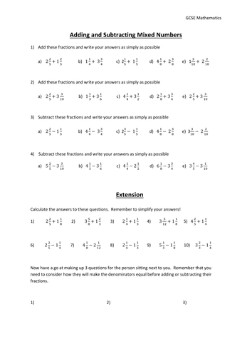 Adding and Subtracting Fractions - Mixed Numbers