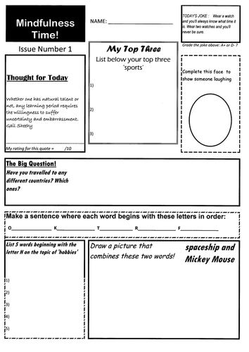Form Time Fun Quiz - Mindfulness Activity - 10 original worksheets age