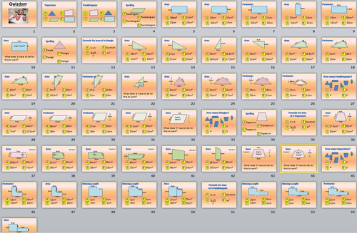 Maths QWIZDOM Powerpoint - Area of Triangle, Parallelogram, Trapezium and Compound Revision Quiz