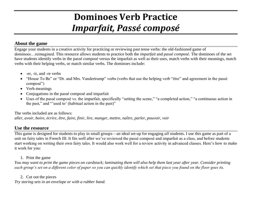 Dominoes Verb Practice Imparfait And Passe Compose Teaching Resources