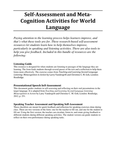 Self-Assessment and Meta-Cognition Activities for World Language