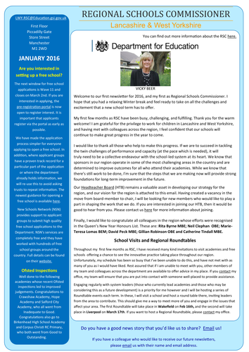 Newsletter from the Regional Schools Commissioner for Lancashire & West Yorkshire, Vicky Beer