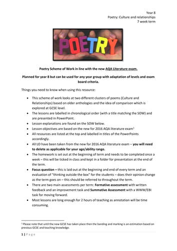 Key Stage Three Poetry SOW: Relationships and Culture (SOW ONLY) 9-1