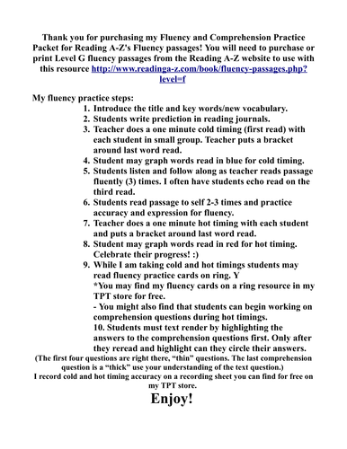 Comprehension Fluency Packet using Reading A-Z passages- Level G/DRA 12
