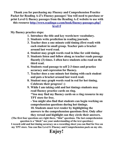 comprehension fluency packet using reading a z passages level f dra 10 teaching resources