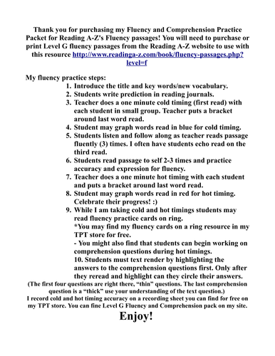 Comprehension Fluency Packet using Reading A-Z Passages- Level F/DRA 10
