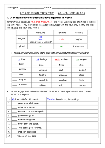 FRENCH - Les adjectifs démonstratifs - Ce, Cet, Cette et Ces - Worksheets