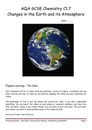 Flipped / Independent Learning booklet for AQA  C1.7 Changes in the Earth and its Atmosphere